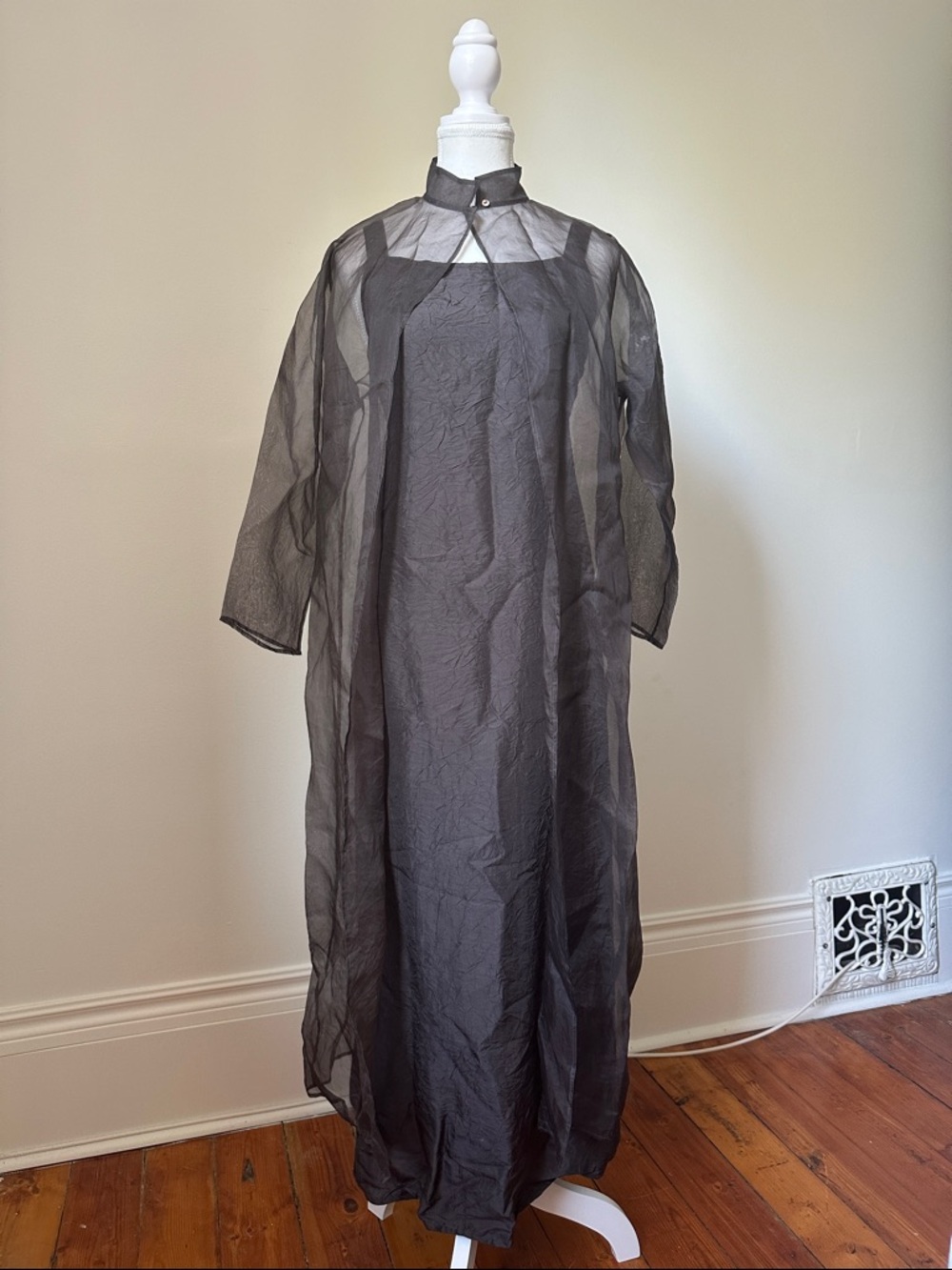 EILEEN FISHER 100% Silk Elegant Preppy Brown Tie Back Maxi Dress & Duster XS - Picture 2 of 7